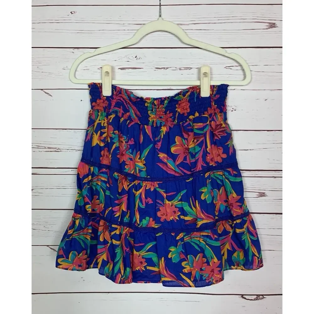 J.Crew Women's S Small Blue Floral Tropical Hawaiin Stretchy Waist Elastic Skirt